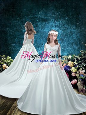 Attractive 3 4 Length Sleeve Lace and Bowknot Lace Up Flower Girl Dress with White Court Train
