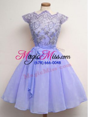 Knee Length Lace Up Bridesmaid Dress Lavender for Prom and Party and Wedding Party with Lace and Belt