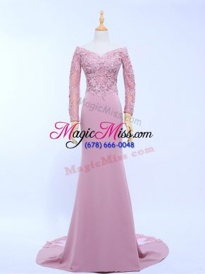 Lilac Chiffon Zipper Mother of the Bride Dress Long Sleeves Brush Train Lace and Appliques