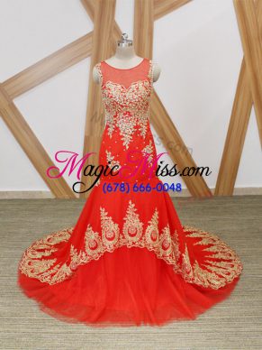 Fashion Coral Red Mermaid Tulle Scoop Sleeveless Beading and Lace and Appliques Zipper Prom Gown Brush Train