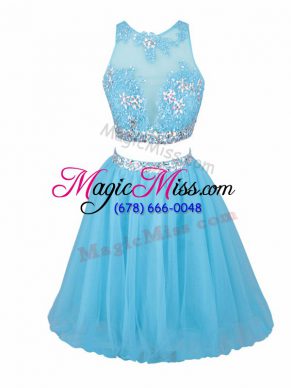 Exceptional Mini Length Aqua Blue Prom Dress Scoop Sleeveless Side Zipper