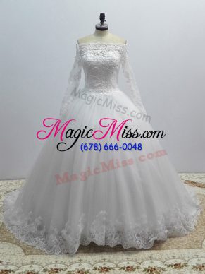 Affordable White Ball Gowns Lace Bridal Gown Lace Up Tulle Long Sleeves