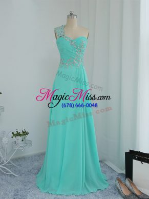 Fabulous One Shoulder Sleeveless Prom Gown Floor Length Beading and Appliques Turquoise Chiffon