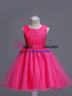 Hot Pink Sleeveless Organza Zipper Child Pageant Dress for Wedding Party
