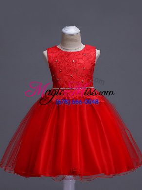 Red Organza Zipper Little Girl Pageant Gowns Sleeveless Knee Length Lace