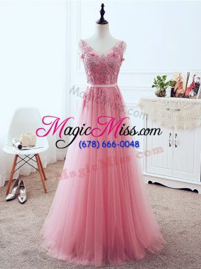 Pink Sleeveless Tulle Lace Up Evening Dress for Prom and Party and Military Ball and Sweet 16
