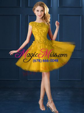 Gold A-line Tulle Bateau Cap Sleeves Lace and Appliques Knee Length Lace Up Bridesmaids Dress