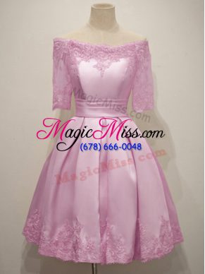 Fitting Lilac Wedding Guest Dresses Prom and Party and Wedding Party with Lace Off The Shoulder Half Sleeves Lace Up
