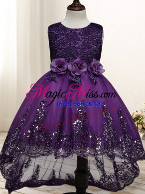 Perfect Dark Purple Zipper Flower Girl Dresses for Less Lace and Appliques and Bowknot and Hand Made Flower Sleeveless High Low