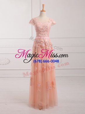 Peach Lace Up Mother Of The Bride Dress Lace and Appliques and Belt Cap Sleeves Floor Length