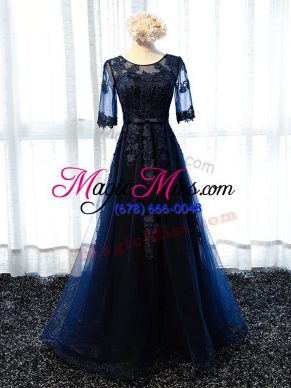 Sexy Navy Blue A-line Tulle Scoop Half Sleeves Lace and Appliques Floor Length Lace Up Dress for Prom