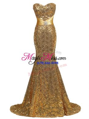 Fitting Sequins Juniors Evening Dress Gold Lace Up Sleeveless Brush Train