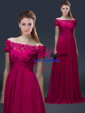 Floor Length Fuchsia Mother Of The Bride Dress Off The Shoulder Short Sleeves Lace Up