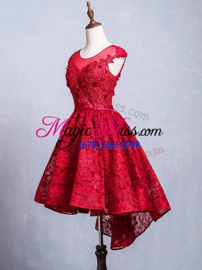 Lace Short Sleeves High Low Prom Gown and Lace and Appliques and Belt
