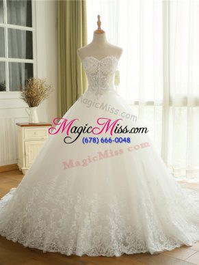 Glorious Court Train Ball Gowns Wedding Dresses White Sweetheart Tulle Sleeveless Lace Up