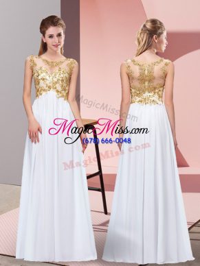 Custom Designed Appliques Prom Dress White Zipper Sleeveless Floor Length