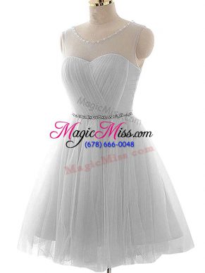 Scoop Sleeveless Prom Gown Mini Length Beading and Ruching Grey Tulle