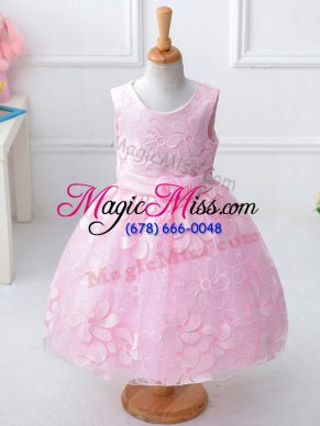 Eye-catching Baby Pink Kids Pageant Dress Wedding Party with Appliques and Hand Made Flower Scoop Sleeveless Zipper