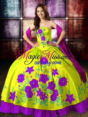 Yellow Green Strapless Neckline Embroidery Quince Ball Gowns Sleeveless Lace Up