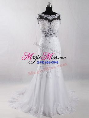 White Mermaid Tulle Scoop Sleeveless Lace Side Zipper Wedding Gowns Court Train