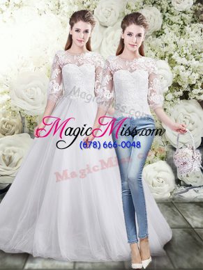 Floor Length Two Pieces Half Sleeves White Wedding Dresses Lace Up