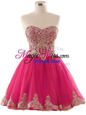 Modern Hot Pink A-line Appliques Prom Dresses Lace Up Tulle Sleeveless Mini Length