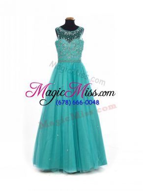 Great Teal Scoop Neckline Beading Kids Formal Wear Sleeveless Lace Up