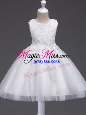 Elegant Sleeveless Knee Length Appliques Zipper Flower Girl Dress with White