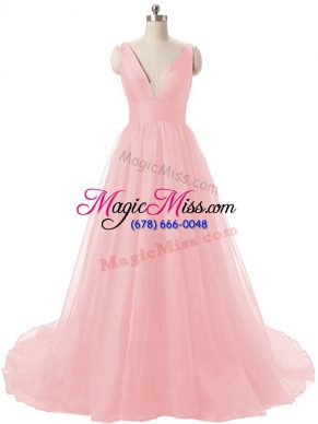 Fashionable Baby Pink V-neck Neckline Ruching Homecoming Gowns Sleeveless Zipper