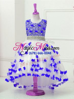 Blue And White Tulle Zipper Scoop Sleeveless High Low Flower Girl Dresses for Less Appliques and Sequins