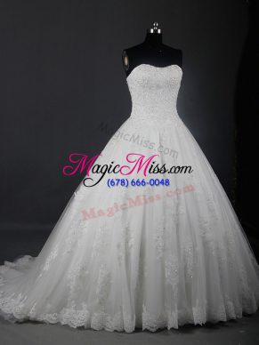 Dramatic White Tulle Lace Up Bridal Gown Sleeveless Brush Train Beading and Lace