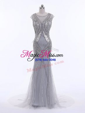 Grey Tulle Zipper Scoop Cap Sleeves Evening Gowns Brush Train Beading