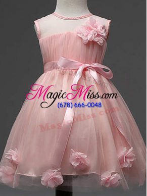 Knee Length Zipper Little Girl Pageant Dress Pink for Wedding Party with Hand Made Flower