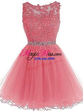 Scoop Sleeveless Mini Length Beading and Lace and Appliques and Ruffles Pink Tulle