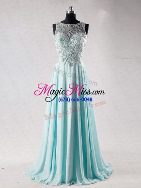 Luxury Chiffon Scoop Sleeveless Brush Train Zipper Beading Prom Dresses in Aqua Blue