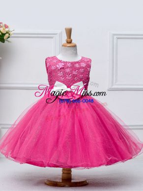 Fashionable Lace and Bowknot Flower Girl Dresses for Less Hot Pink Zipper Sleeveless Knee Length