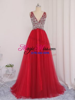 A-line Sleeveless Red Military Ball Dresses Brush Train Backless