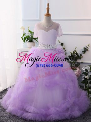 Lavender Tulle Clasp Handle Pageant Gowns For Girls Short Sleeves Floor Length Beading