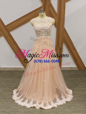 Champagne Zipper Evening Dresses Beading and Lace and Appliques Sleeveless Floor Length