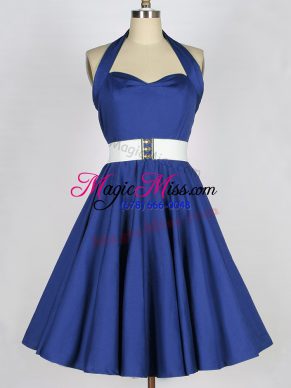 Extravagant Blue Bridesmaid Dress Prom and Party and Wedding Party with Belt Halter Top Sleeveless Lace Up