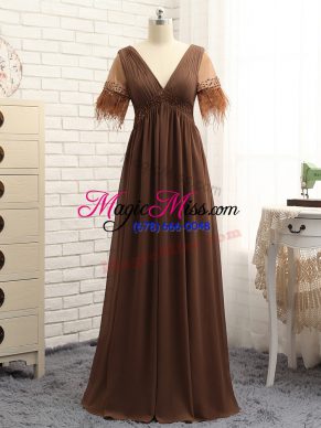 Sophisticated Brown Zipper Mother Dresses Beading and Ruching Sleeveless Floor Length