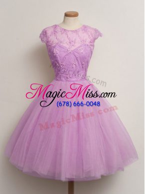Cap Sleeves Tulle Knee Length Lace Up Bridesmaid Dress in Lilac with Lace