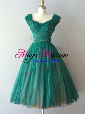 Adorable Teal Quinceanera Dama Dress Prom and Party and Sweet 16 with Ruching V-neck Cap Sleeves Zipper