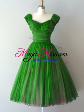 Exceptional A-line Wedding Party Dress Green V-neck Chiffon Cap Sleeves Knee Length Lace Up