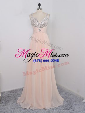 Peach Zipper Evening Dress Sequins Sleeveless Floor Length