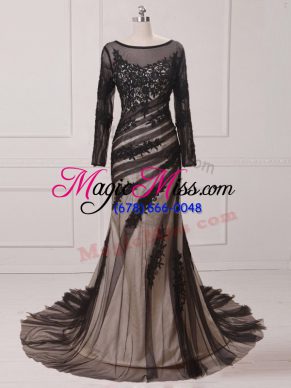 Discount Black Column/Sheath Scoop Long Sleeves Chiffon and Tulle Brush Train Zipper Lace and Appliques Mother Of The Bride Dress