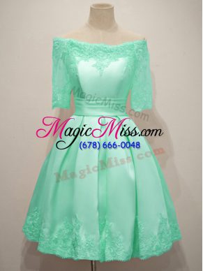 Stunning Turquoise Taffeta Lace Up Off The Shoulder Half Sleeves Knee Length Wedding Guest Dresses Lace