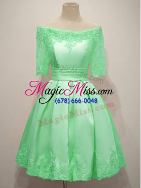 New Style Knee Length Apple Green Wedding Party Dress Taffeta Half Sleeves Lace