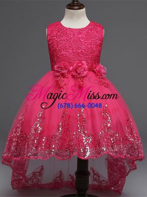 Beautiful Lace and Appliques and Bowknot and Hand Made Flower Flower Girl Dress Hot Pink Zipper Sleeveless High Low