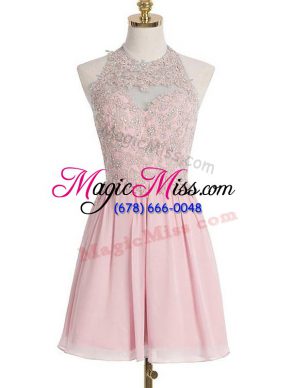 Delicate Pink Empire Halter Top Sleeveless Chiffon Knee Length Lace Up Appliques Bridesmaid Dress